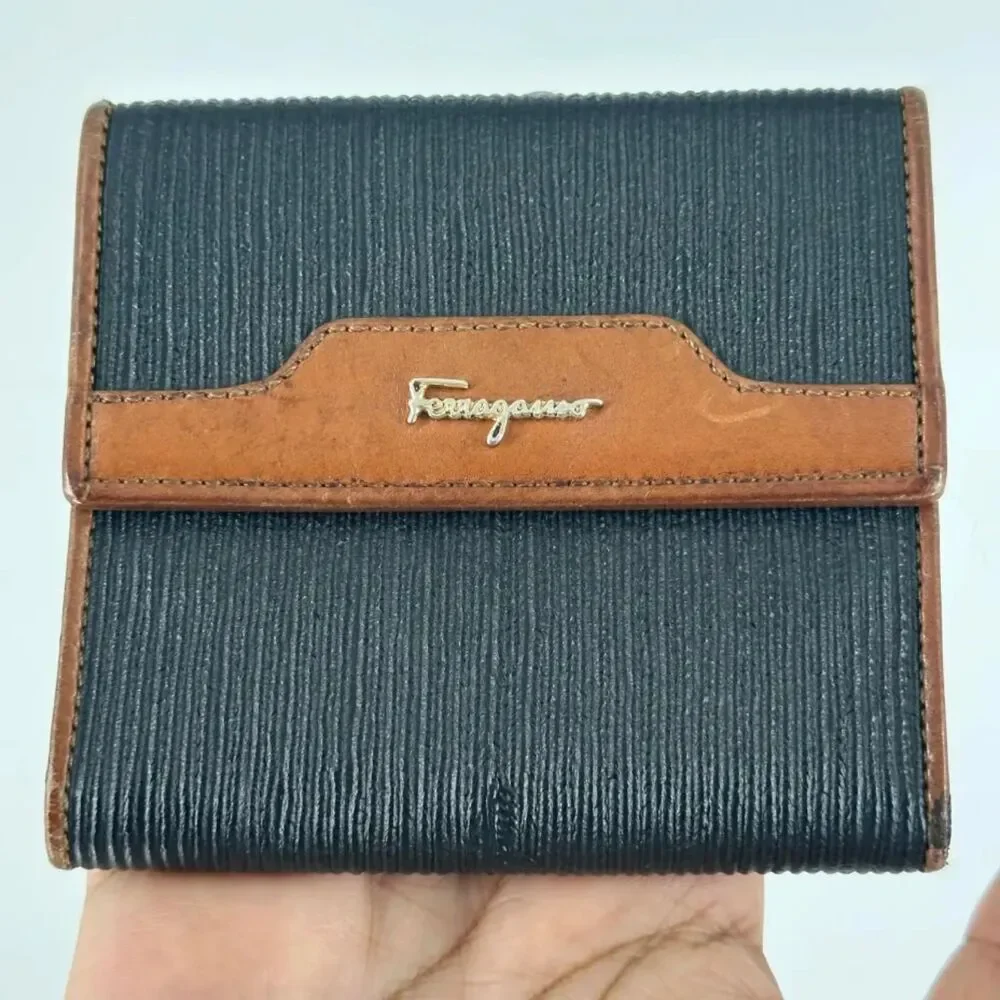 Vintage Ferragamo Ribbed Canvas Leather Tri-fold Wallet W/ Coin Pouch